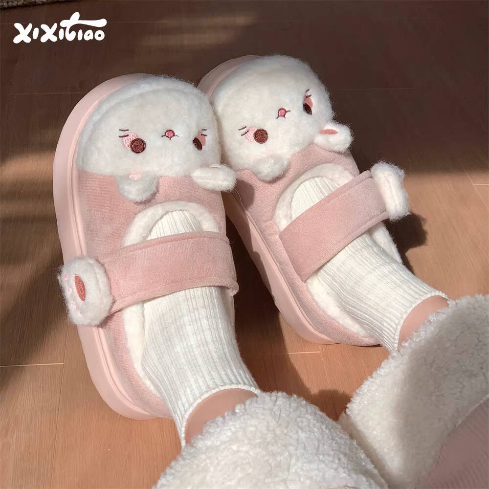 Women Shoes For Winter - รองเท้าแตะใส่ในบ้านลายแมวน่ารัก นุ่มสบาย สำหรับฤดูหนาว รองเท้าผ้าฝ้ายแบบมีแถบตีนตุ๊กแก พื้นหนา