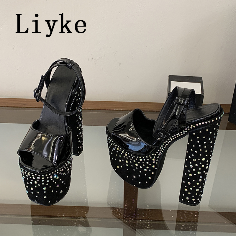 Rhinestone Sandal Women - รองเท้าส้นสูงแบบหนาประดับคริสตัล Rhinestone ยี่ห้อ Liyke Fashion สำหรับผู้หญิง