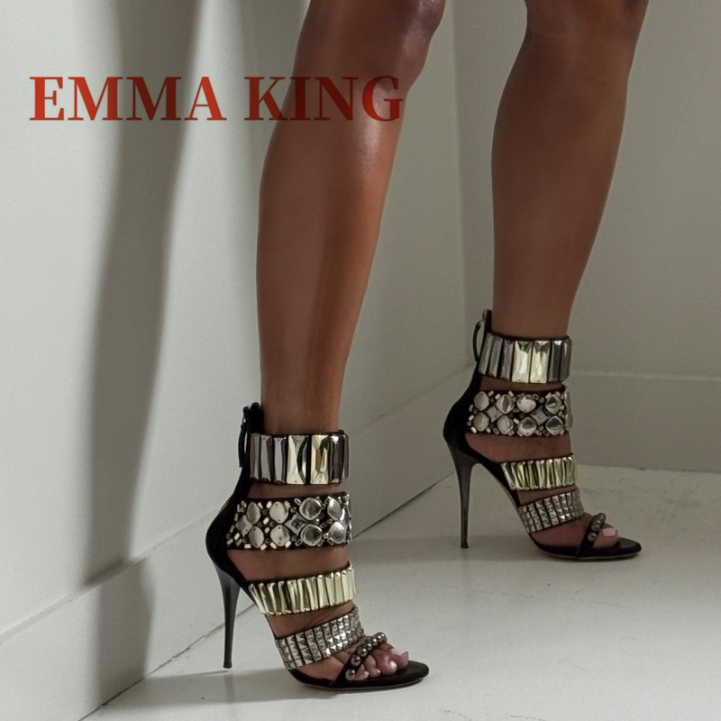 Rhinestone Sandal Women - รองเท้าส้นสูงแบบรัดข้อเท้าประดับเพชร สีดำ สำหรับผู้หญิง สไตล์กลาดิเอเตอร์ เปิดนิ้วเท้า เหมาะสำหรับฤดูร้อน