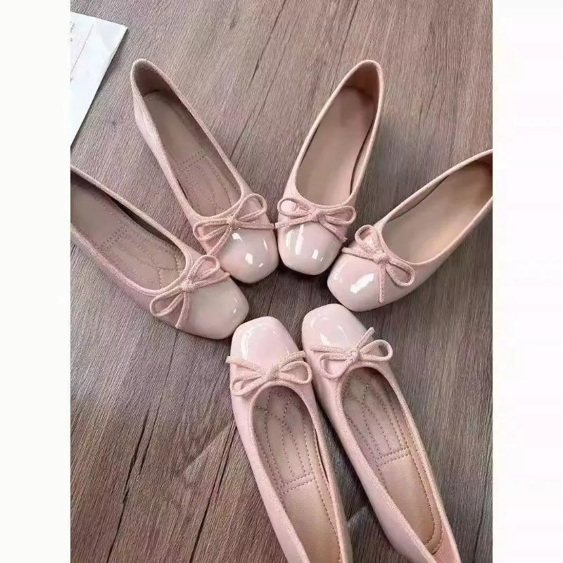 Women'S Shoes Everyday - รองเท้าบัลเล่ต์ผู้หญิง หัวเหลี่ยม ประดับโบว์ แบบสวม หนังเงา ดีไซน์เรียบหรู