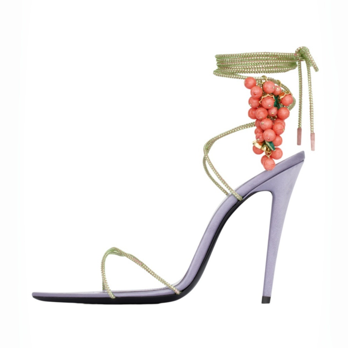 Rhinestone Sandal Women - รองเท้าส้นสูงแบบส้นเข็มประดับผลไม้ 3 มิติ ตกแต่งด้วยคริสตัล สายรัดข้อเท้า ปลายเปิด