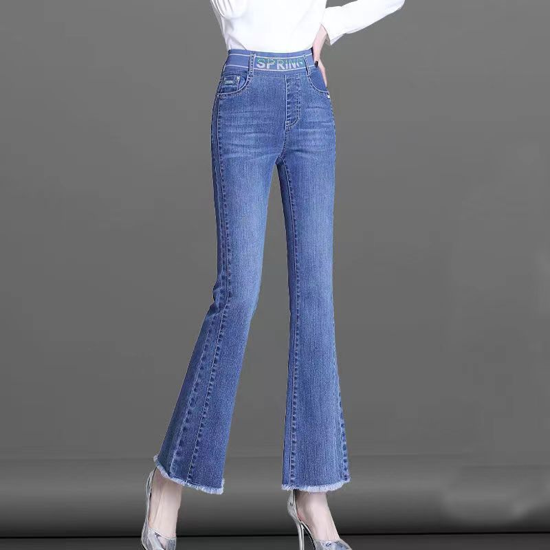Women Shoes Jeans - Elastic เอว Flare เก้าจุด Boot Cut