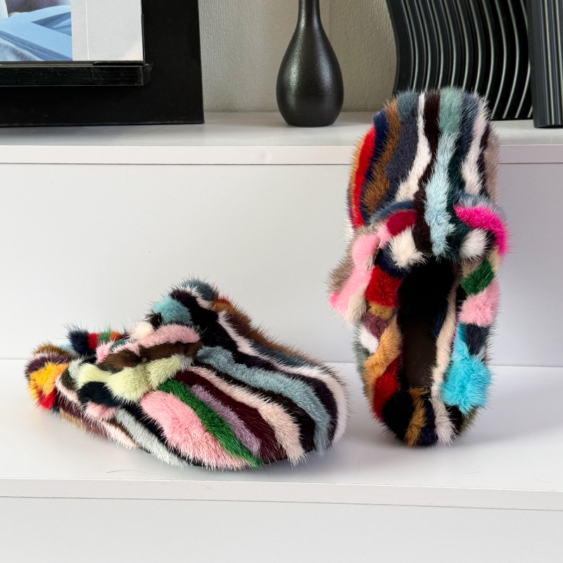 Women Shoes For Winter - รองเท้าแตะสตรีแบบสวมและรองเท้าคlog ขนมิงค์ รองเท้าแตะฤดูหนาวสำหรับผู้หญิง รองเท้าแตะขนสัตว์แบบสไลด์สีสันตัดกัน รองเท้าแตะขนสัตว์แบบหนานุ่มสำหรับผู้หญิง