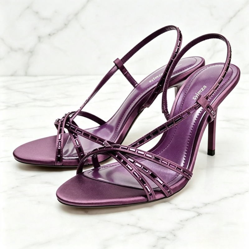 Rhinestone Sandal Women - รองเท้าส้นสูงประดับคริสตัลสีม่วงสำหรับผู้หญิง ดีไซน์เซ็กซี่แบบเปิดนิ้วเท้า สายรัดไขว้ ส้นสูงแบบสลิงแบ็ค แฟชั่นรองเท้าส้นเข็มหัวมน ดีไซน์เนอร์
