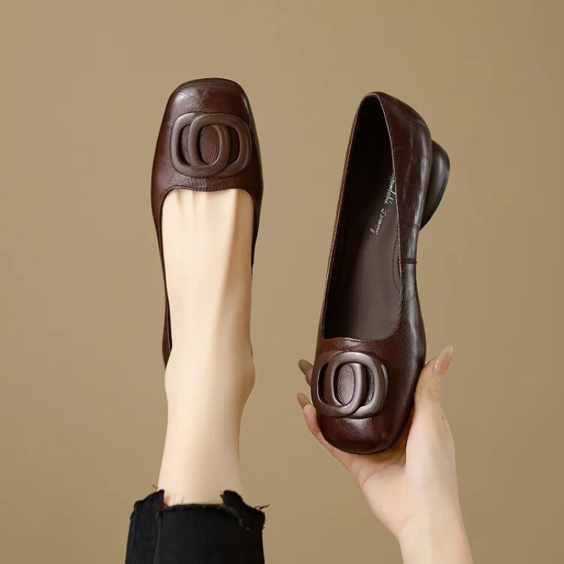 Women Shoes Heels - รองเท้าส้นสูงสไตล์ฝรั่งเศสสำหรับผู้หญิง รองเท้าหนังหัวเหลี่ยม แฟชั่นรองเท้าผู้หญิง