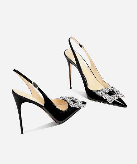Rhinestone Sandal Women - รองเท้าส้นสูงหัวแหลมประดับคริสตัลสีดำ ดีไซน์หัวเข็มขัดทรงสี่เหลี่ยม สำหรับผู้หญิง คอลเลคชั่นใหม่รับซัมเมอร์ สไตล์ฝรั่งเศส ส้นบาง