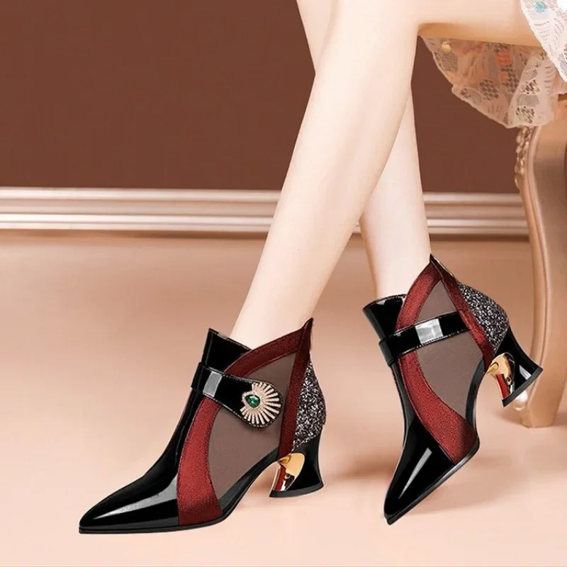 Women Shoes Jeans - รองเท้าแตะระบายอากาศสำหรับผู้หญิงสำหรับฤดูร้อนตกแต่งด้วยพลอยเทียมรองเท้าแตะแบบอังกฤษย้อนยุครองเท้าส้นสูงหนังสีดำ Bot modis ผ้าตาข่ายผู้หญิง