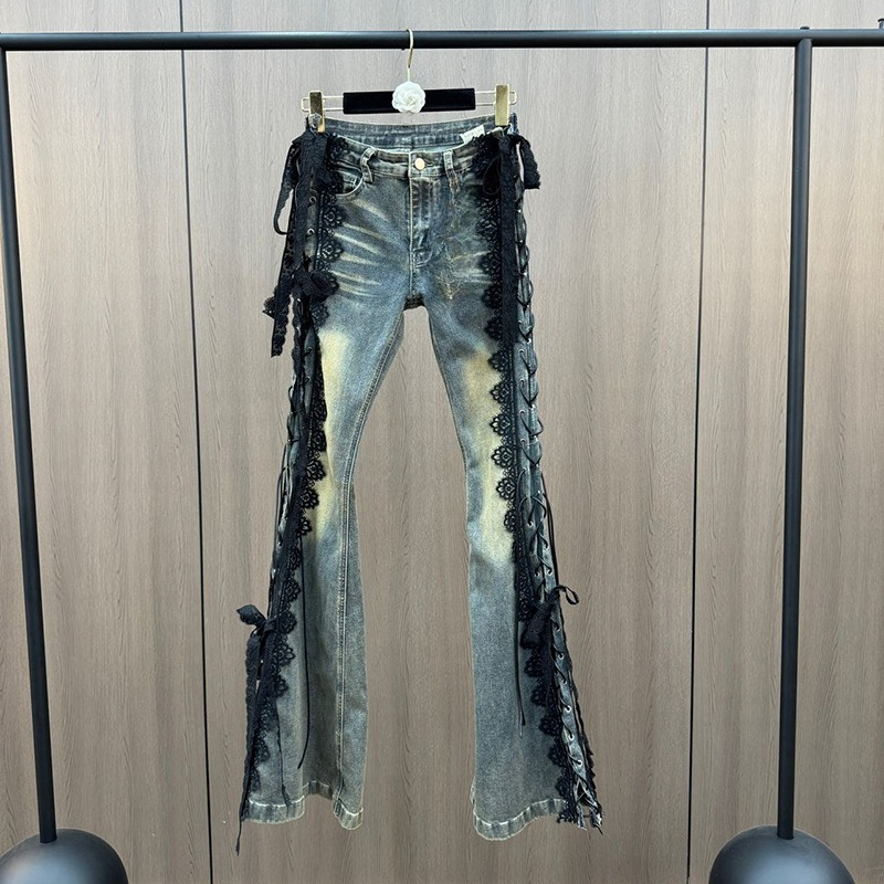 Women Shoes Jeans - Lace Up Flare กางเกงยีนส์ Retro Stitch
