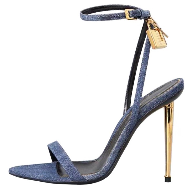 Women Shoes Jeans - รองเท้าแตะส้นสูงมีสายล็อคสีทองหัวแหลมรองเท้าที่มีชื่อเสียงรองเท้าแตะออกงานกลางคืนแบบเดมินรองเท้าแตะผู้หญิง
