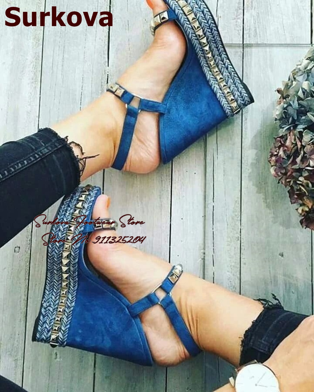 Women Shoes Jeans - Surkova กางเกงยีนส์สีน้ำเงินรองเท้าส้นเตารีดสีทองเมทัลลิคแพลตฟอร์มรองเท้าแตะแต่งหมุดถักยีนส์รองเท้าชุดเดรสฤดูร้อน