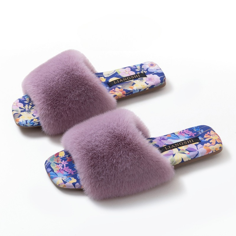 Fluffy Fur Slipper - รองเท้าแตะใส่ในบ้านแบบแบน นุ่ม อบอุ่น สำหรับผู้หญิง ดีไซน์เปิดปลายเท้า แฟชั่น