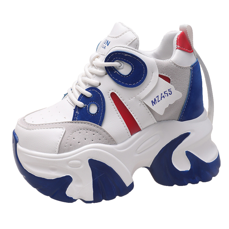 Wedge Heeled Sneaker - รองเท้าผ้าใบสำหรับเดินสำหรับผู้หญิงรองเท้าหนังมีเชือกหนารองเท้าลำลองส้นตึก10.5ซม. สำหรับฤดูใบไม้ร่วง