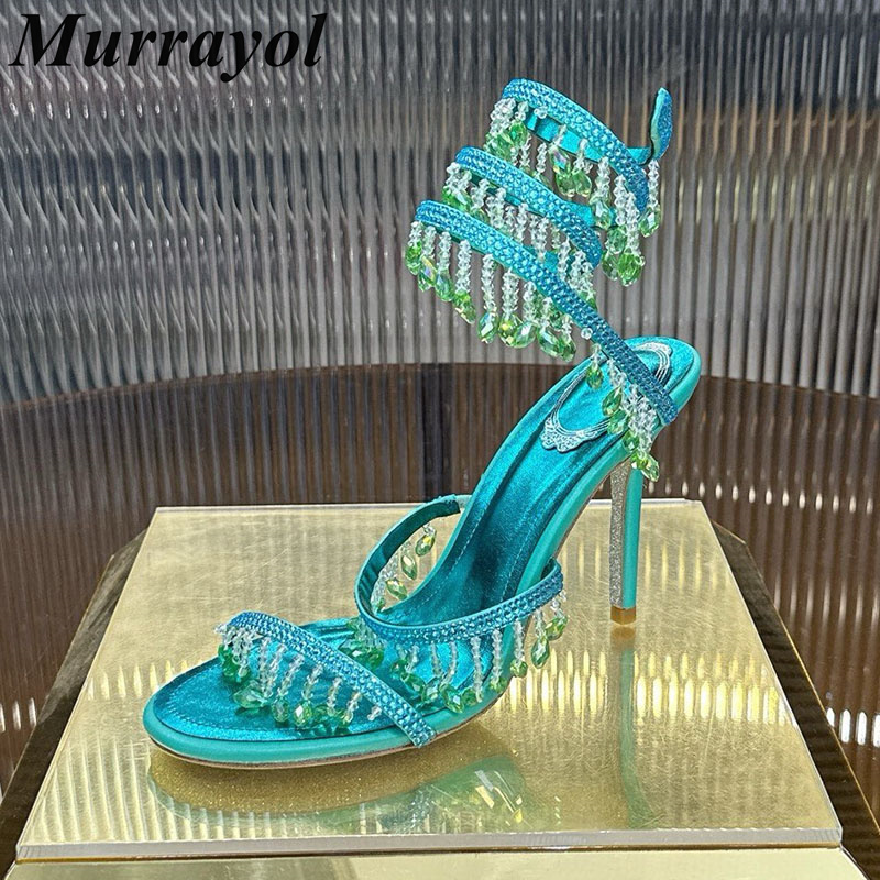 Rhinestone Sandal Women - รองเท้าแตะผู้หญิง สายรัดข้อเท้ารูปงู ประดับพู่และเพชร ประดับคริสตัล ส้นสูงบาง รองเท้าสำหรับงานปาร์ตี้