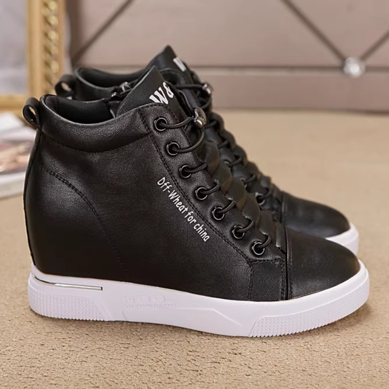 Wedge Heeled Sneaker - รองเท้าผ้าใบผู้หญิงแบบส้นเตารีด เพิ่มความสูง รองเท้าลำลองผู้หญิงแบบผูกเชือกและซิป สีขาว ส้นสูงแบบลาด รองเท้าบูทหุ้มข้อสูงสำหรับผู้หญิง