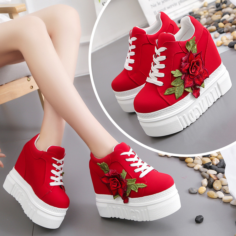 Wedge Heeled Sneaker - รองเท้าผ้าใบกีฬาผู้หญิง ส้นซ่อนแบบลำลอง พื้นหนา รองเท้าส้นสูงแบบเวดจ์ 12 ซม.