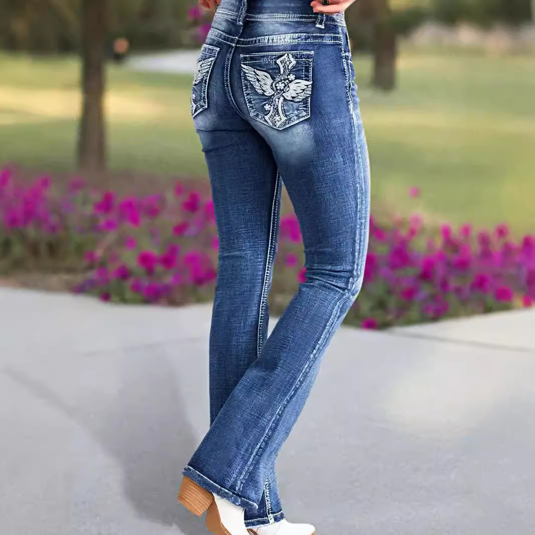 Women Shoes Jeans - 2025 ใหม่ผู้หญิงสูงเอวเย็บปักถักร้อย Boot Cut กางเกงยีนส์แฟชั่น SLIM