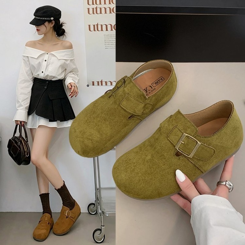 Women Shoes Heels - รองเท้าบิร์เคนสำหรับผู้หญิง หนังกลับ ปิดส้น หัวเหลี่ยม หัวกลม หัวเข็มขัดโลหะ