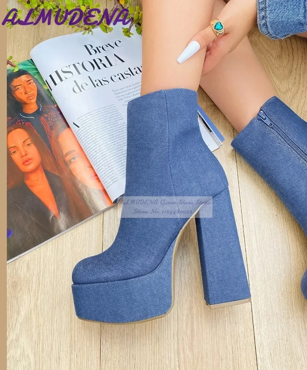 Women Shoes Jeans - ALMUDENA Blue Denim รองเท้าส้นสูงข้อเท้ารองเท้าแพลตฟอร์มสูงกางเกงยีนส์ซิปสั้น Booties ไม่สม่ําเสมอ
