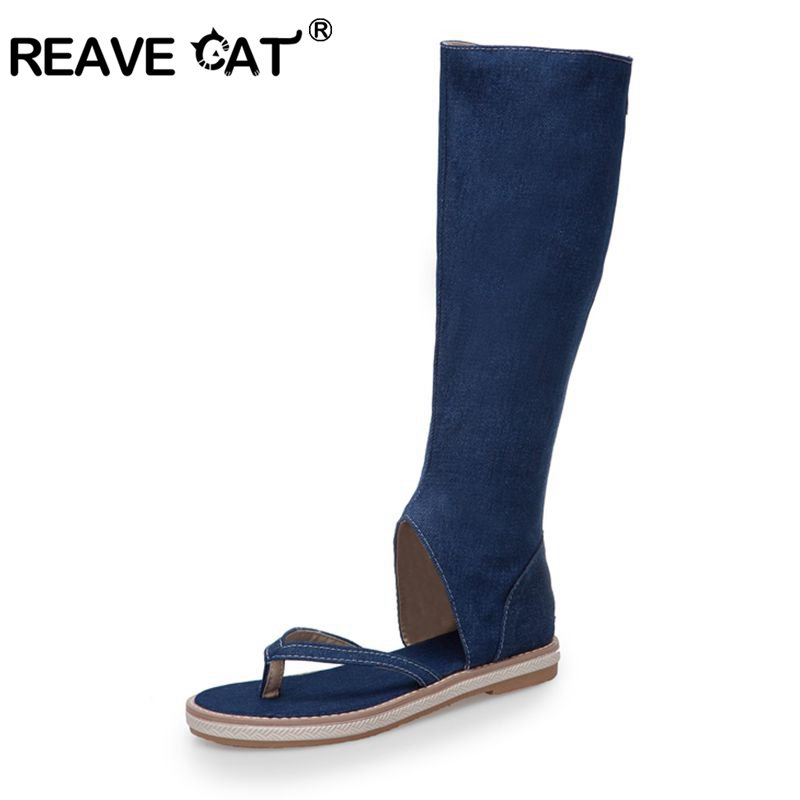 Women Shoes Jeans - REAVE แมวรองเท้าคลิปนิ้วเท้ารองเท้าแตะกางเกงยีนส์สีฟ้าแบนรองเท้าผู้หญิงฤดูร้อน Gladiator booties sandalias mujer