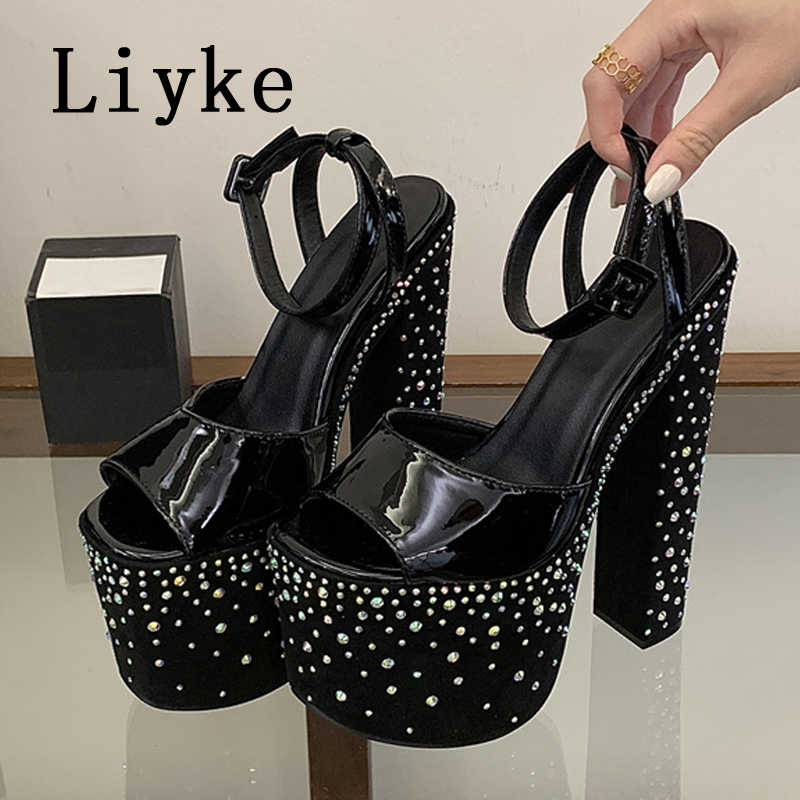 รองเท้าส้นสูงแบบหนาประดับคริสต - Rhinestone Sandal Women บทวิจารณ์และราคา