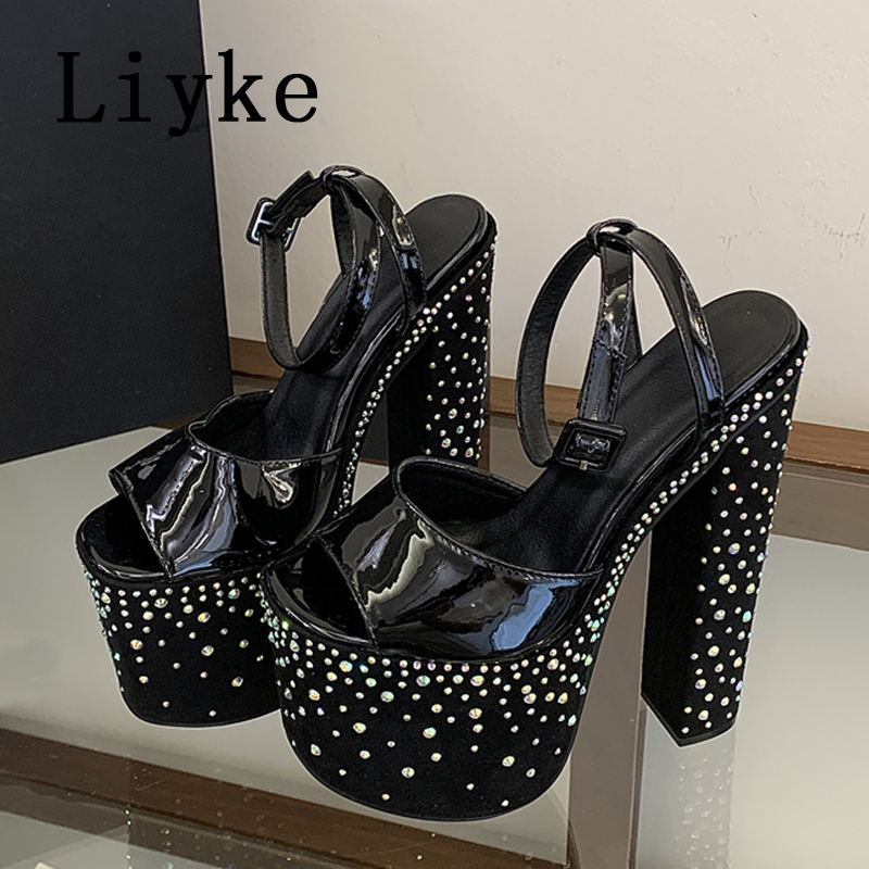 รองเท้าส้นสูงแบบหนาประดับคริสต - Rhinestone Sandal Women บทวิจารณ์และราคา