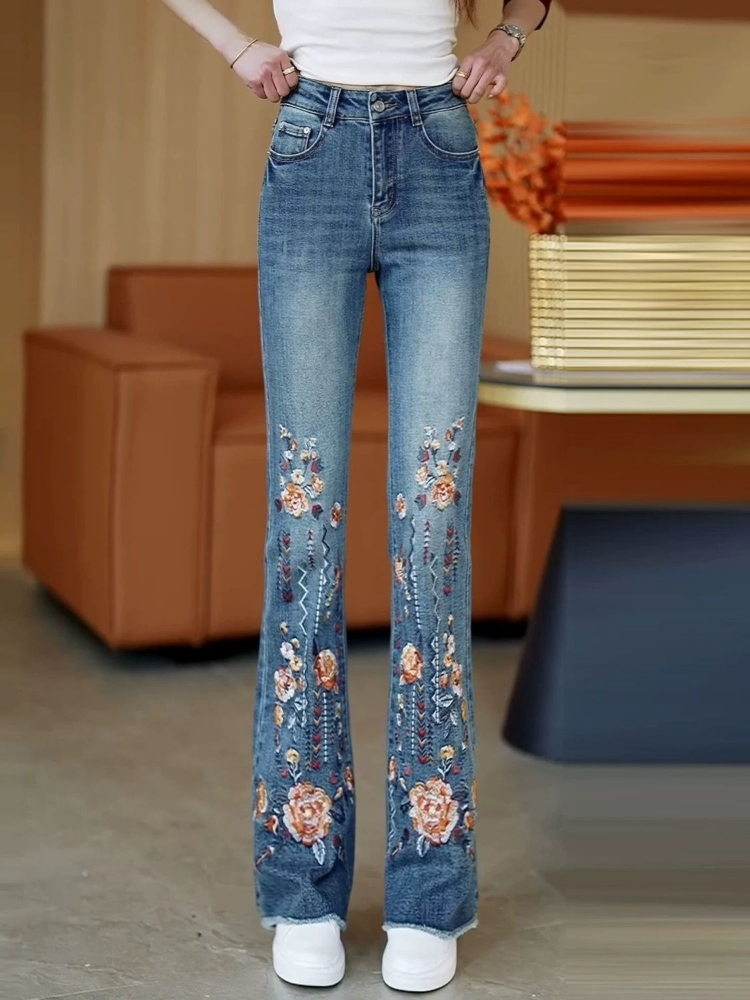 กางเกงยีนส์ทรงบูทคัทปักลายดอกไ - Women Shoes Jeans บทวิจารณ์และราคา