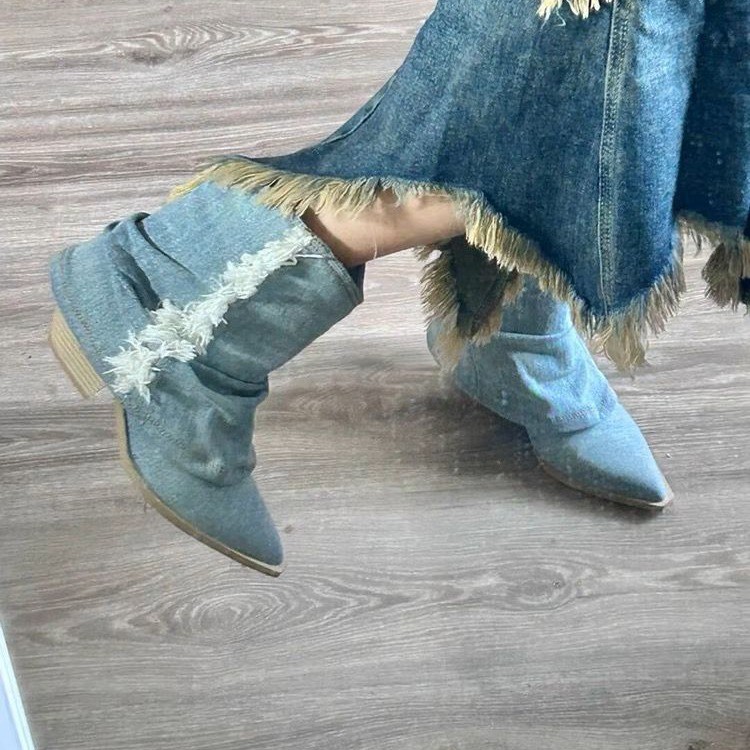 รองเท้าบูทหุ้มข้อผ้ายีนส์มีจีบ - Women Shoes Jeans บทวิจารณ์และราคา