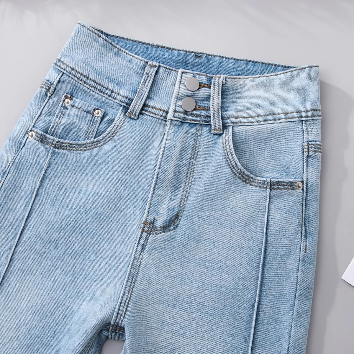 กางเกงยีนส์ทรงบานสีฟ้าอ่อนเอวส - Women Shoes Jeans บทวิจารณ์และราคา